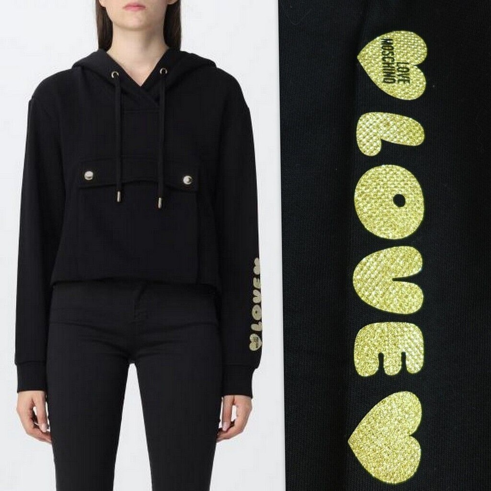 Love Moschino Cropped Hooded Glitter Logo Sweatshirt